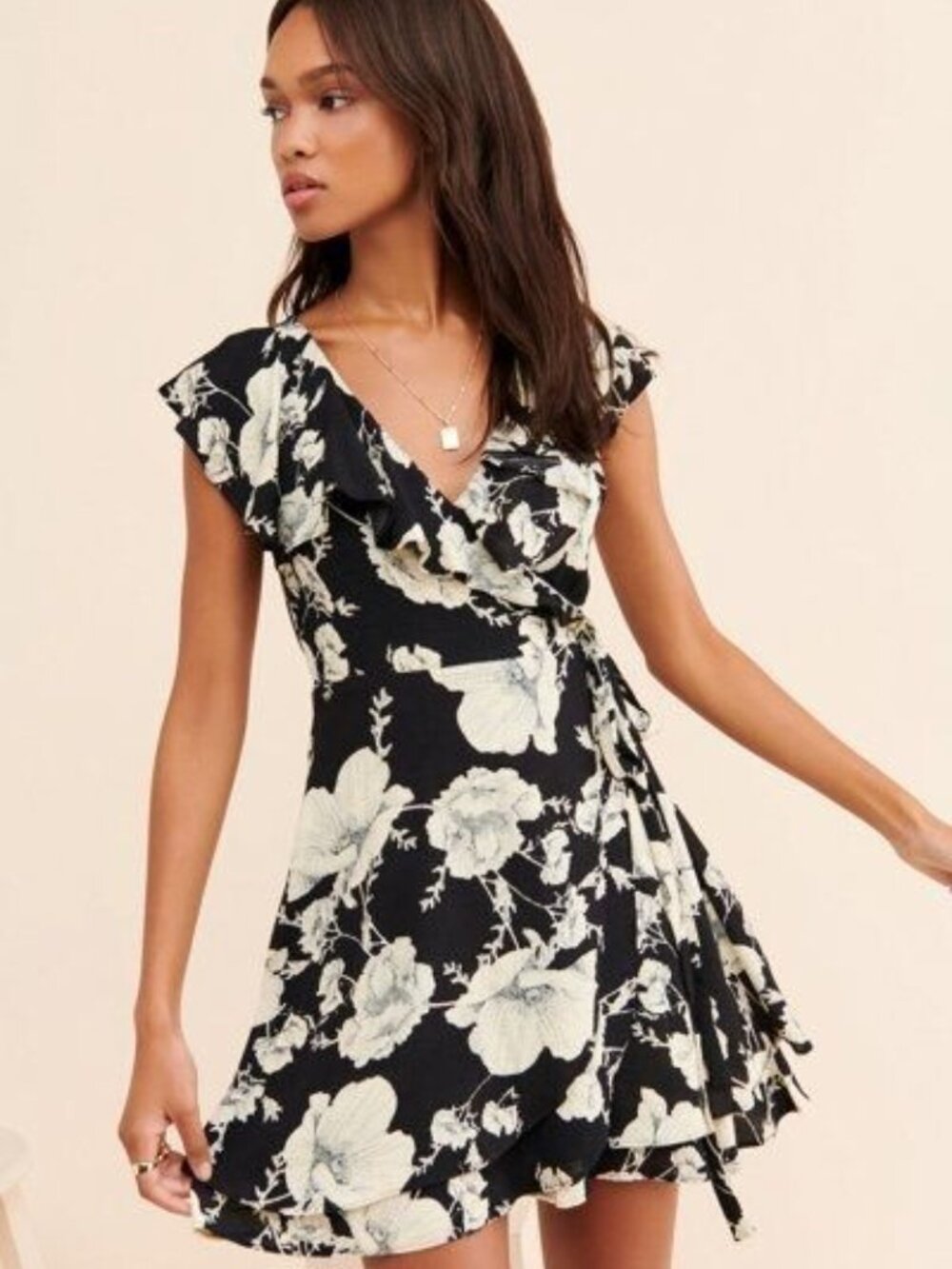 FREE PEOPLE French Quarter Mini Wrap Dress, Black and Cream Floral , Size M - Picture 4 of 9